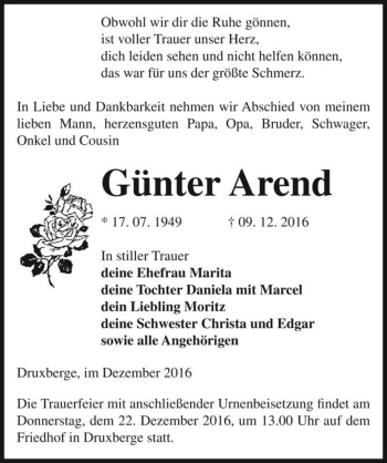 Traueranzeige von Günter Arend  von Magdeburger Volksstimme