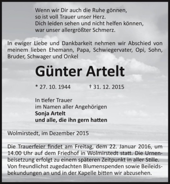 Traueranzeige von Günter Artelt  von Magdeburger Volksstimme