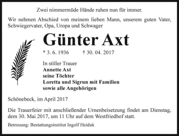Traueranzeige von Günter Axt  von Magdeburger Volksstimme