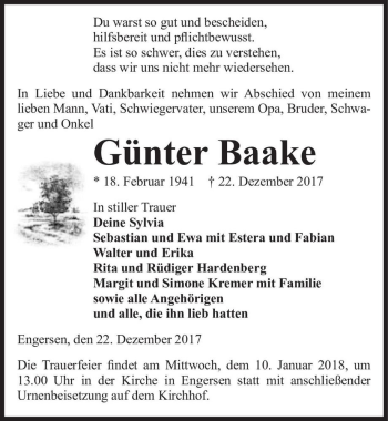 Traueranzeige von Günter Baake  von Magdeburger Volksstimme