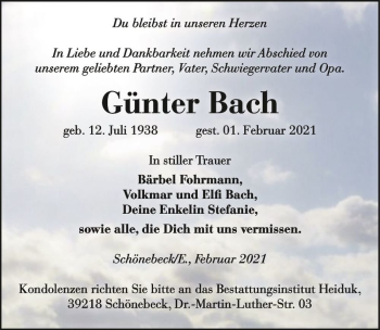 Traueranzeige von Günter Bach  von Magdeburger Volksstimme