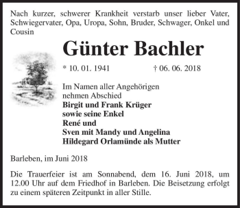 Traueranzeige von Günter Bachler  von Magdeburger Volksstimme