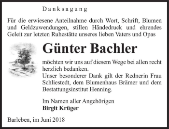 Traueranzeige von Günter Bachler  von Magdeburger Volksstimme