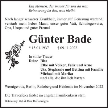 Traueranzeige von Günter Bade  von Magdeburger Volksstimme