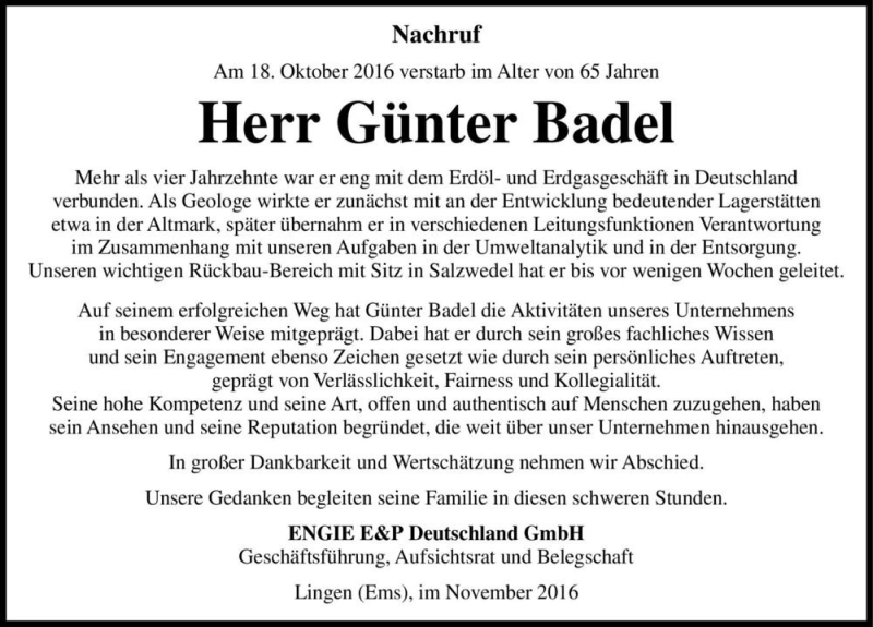  Traueranzeige für Günter Badel  vom 05.11.2016 aus Magdeburger Volksstimme