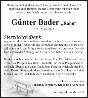 Traueranzeige von Günter Bader „Rahn“  von Magdeburger Volksstimme