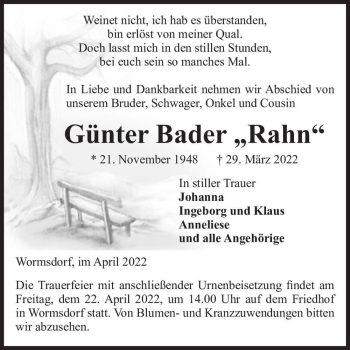 Traueranzeige von Günter Bader „Rahn“  von Magdeburger Volksstimme