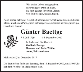 Traueranzeige von Günter Baettge  von Magdeburger Volksstimme