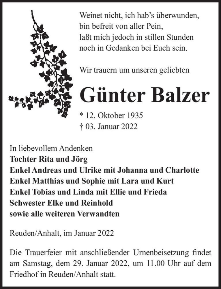  Traueranzeige für Günter Balzer  vom 08.01.2022 aus Magdeburger Volksstimme