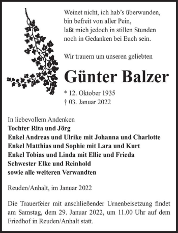 Traueranzeige von Günter Balzer  von Magdeburger Volksstimme