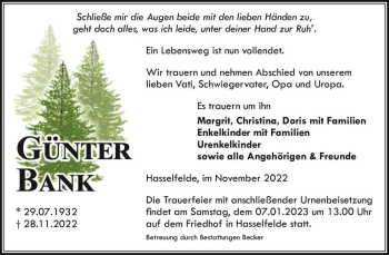 Traueranzeige von Günter Bank  von Magdeburger Volksstimme