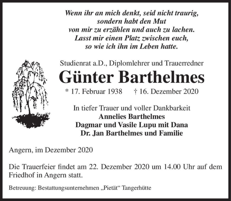 Traueranzeige für Günter Barthelmes  vom 19.12.2020 aus Magdeburger Volksstimme