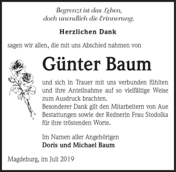 Traueranzeige von Günter Baum  von Magdeburger Volksstimme