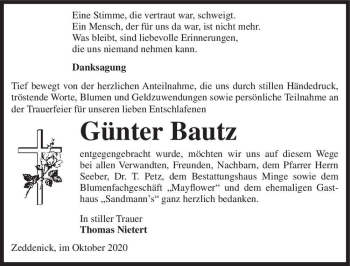 Traueranzeige von Günter Bautz  von Magdeburger Volksstimme