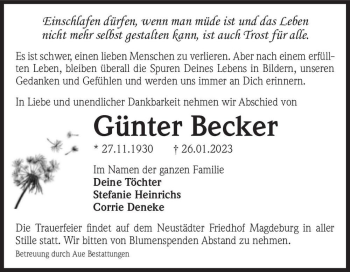 Traueranzeige von Günter Becker  von Magdeburger Volksstimme