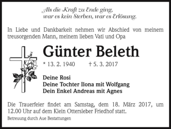 Traueranzeige von Günter Beleth  von Magdeburger Volksstimme
