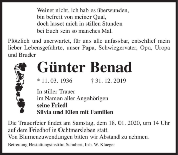 Traueranzeige von Günter Benad  von Magdeburger Volksstimme