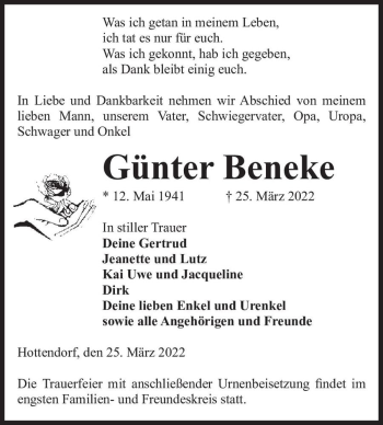 Traueranzeige von Günter Beneke  von Magdeburger Volksstimme