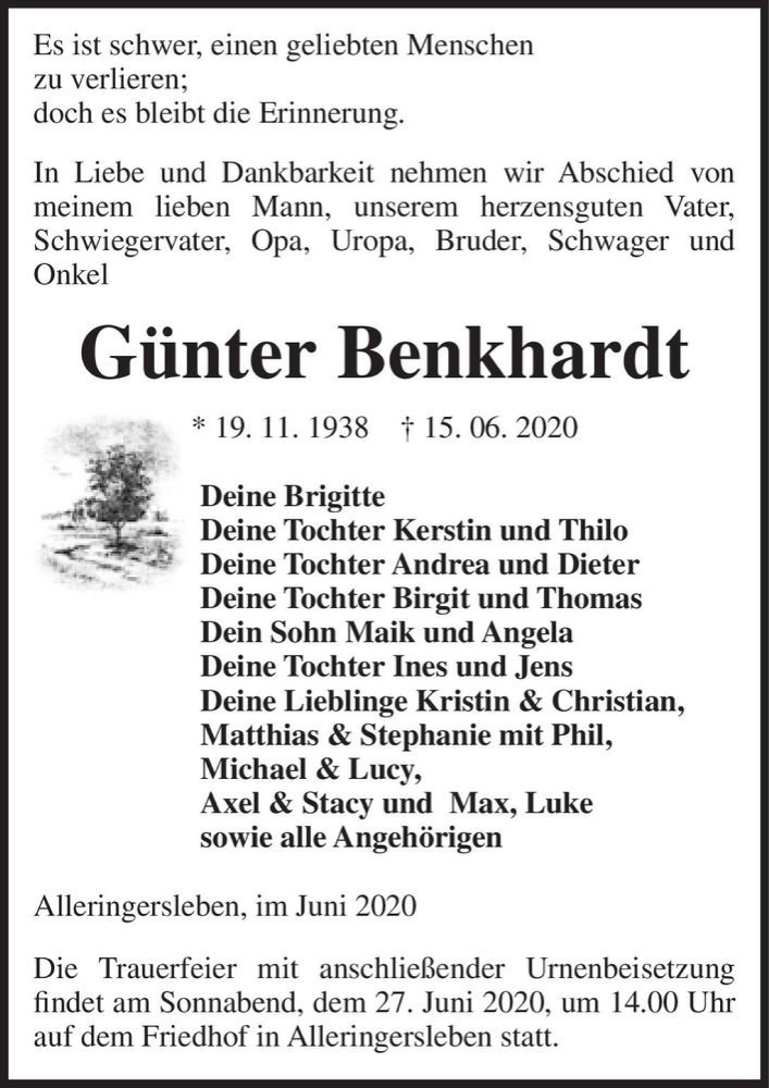  Traueranzeige für Günter Benkhardt  vom 20.06.2020 aus Magdeburger Volksstimme