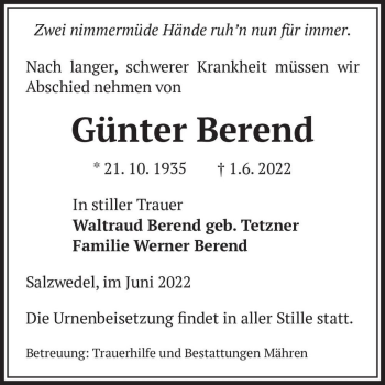 Traueranzeige von Günter Berend  von Magdeburger Volksstimme
