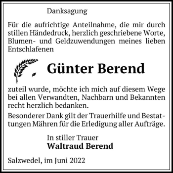 Traueranzeige von Günter Berend  von Magdeburger Volksstimme