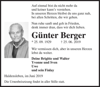 Traueranzeige von Günter Berger  von Magdeburger Volksstimme