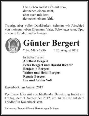 Traueranzeige von Günter Bergert  von Magdeburger Volksstimme