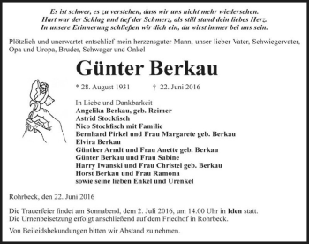 Traueranzeige von Günter Berkau  von Magdeburger Volksstimme