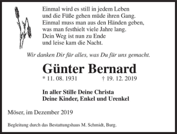Traueranzeige von Günter Bernard  von Magdeburger Volksstimme