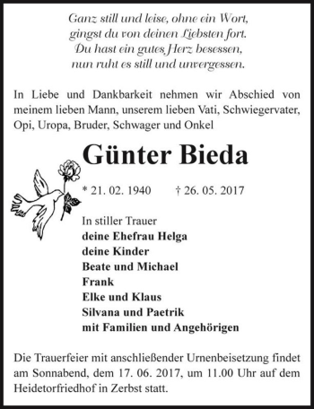 Traueranzeige von Günter Bieda  von Magdeburger Volksstimme