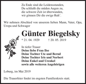 Traueranzeige von Günter Biegelsky  von Magdeburger Volksstimme