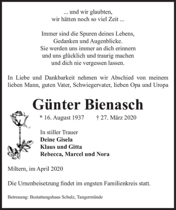 Traueranzeige von Günter Bienasch  von Magdeburger Volksstimme