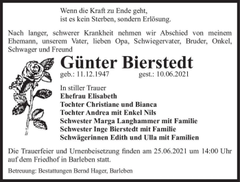 Traueranzeige von Günter Bierstedt  von Magdeburger Volksstimme