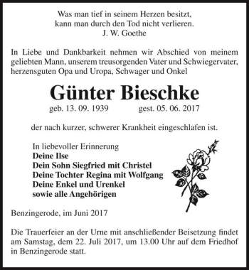 Traueranzeige von Günter Bieschke  von Magdeburger Volksstimme