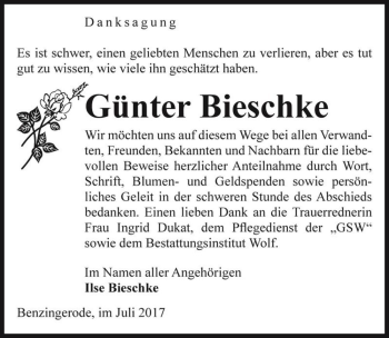 Traueranzeige von Günter Bieschke  von Magdeburger Volksstimme