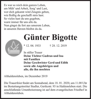 Traueranzeige von Günter Bigotte  von Magdeburger Volksstimme