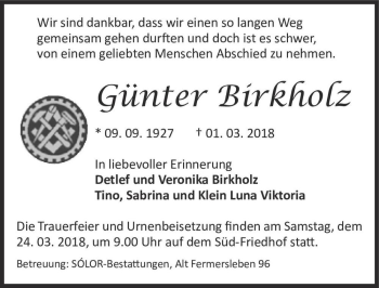 Traueranzeige von Günter Birkholz  von Magdeburger Volksstimme