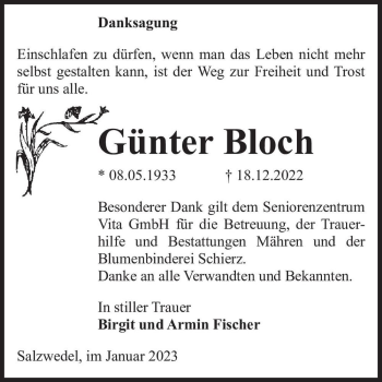 Traueranzeige von Günter Bloch  von Magdeburger Volksstimme