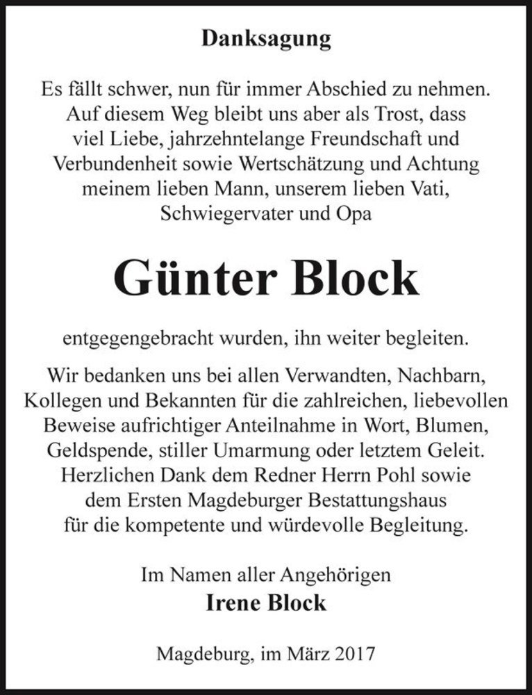  Traueranzeige für Günter Block  vom 01.04.2017 aus Magdeburger Volksstimme