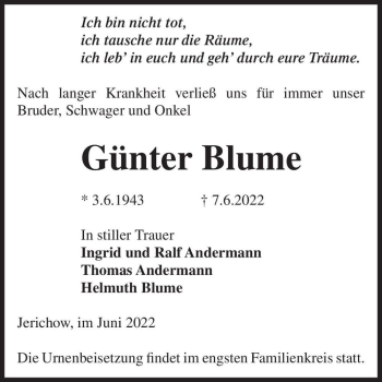 Traueranzeige von Günter Blume  von Magdeburger Volksstimme