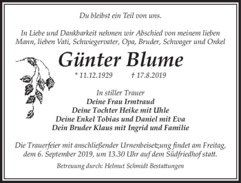 Traueranzeige von Günter Blume  von Magdeburger Volksstimme