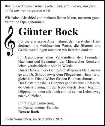 Traueranzeige von Günter Bock  von Magdeburger Volksstimme
