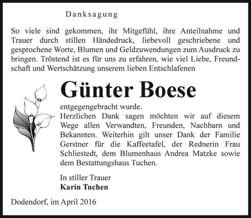  Traueranzeige für Günter Boese  vom 30.04.2016 aus Magdeburger Volksstimme