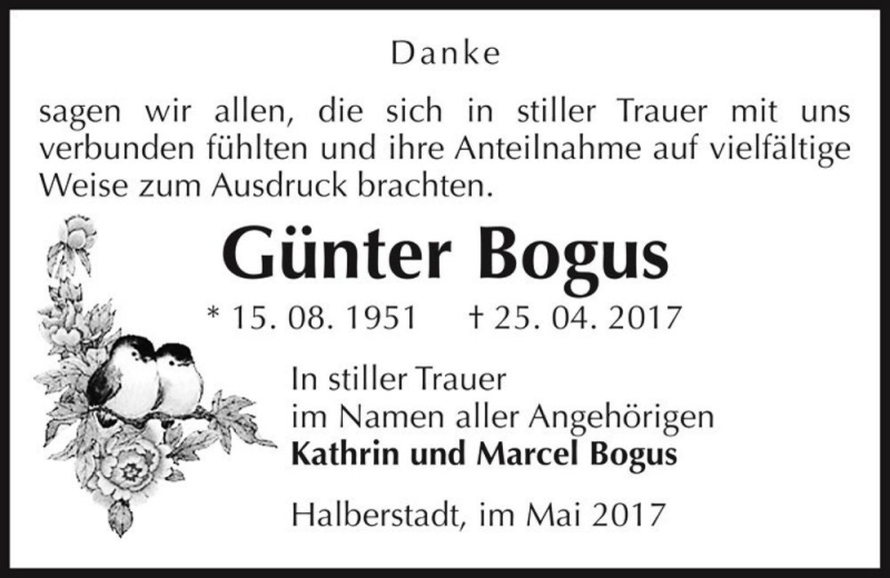 Traueranzeige für Günter Bogus  vom 20.05.2017 aus Magdeburger Volksstimme