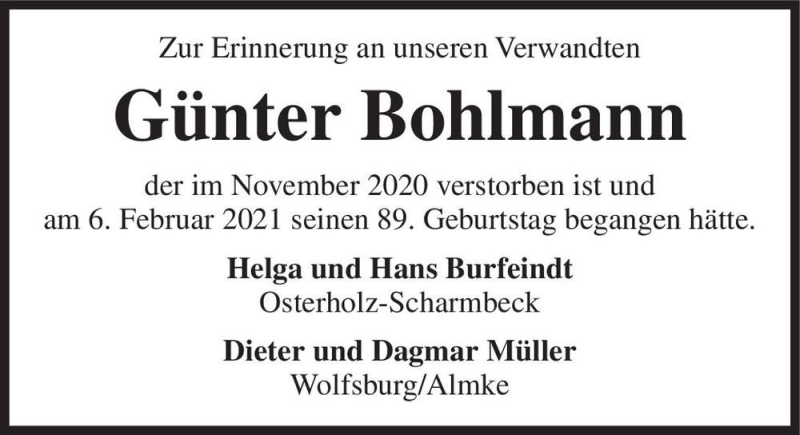  Traueranzeige für Günter Bohlmann  vom 06.02.2021 aus Magdeburger Volksstimme