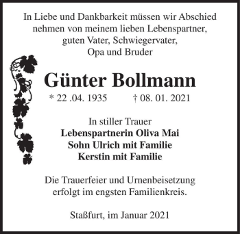 Traueranzeige von Günter Bollmann  von Magdeburger Volksstimme