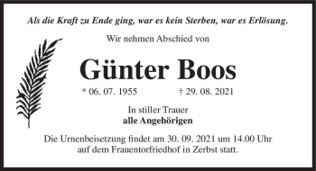 Traueranzeige von Günter Boos  von Magdeburger Volksstimme