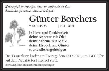 Traueranzeige von Günter Borchers  von Magdeburger Volksstimme
