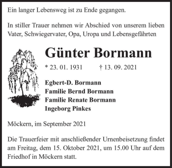 Traueranzeige von Günter Bormann  von Magdeburger Volksstimme