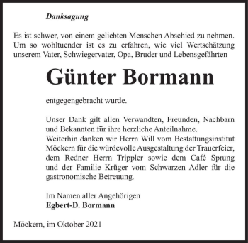 Traueranzeige von Günter Bormann  von Magdeburger Volksstimme